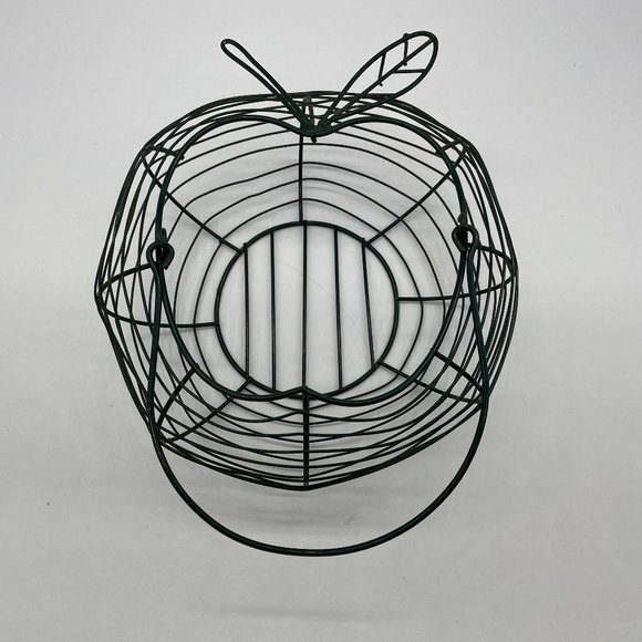 10"dia x 4.5"H Metal Wire Wicker Dark Green Apple Shape Fruit Basket with Handle - Picture 1 of 6